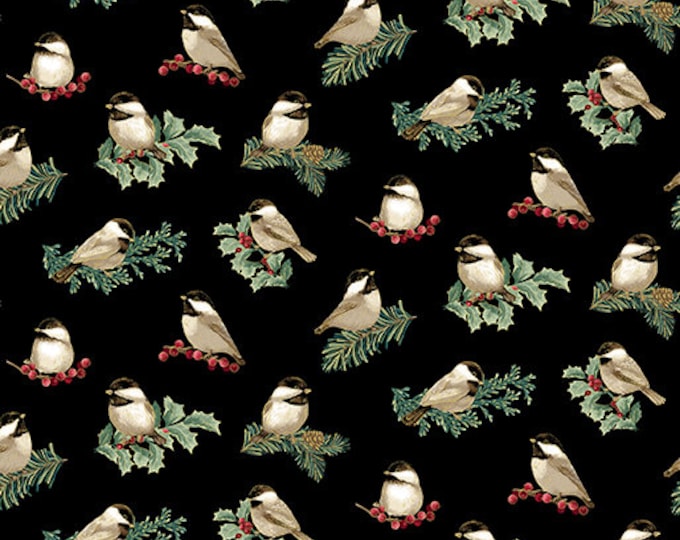 Festive Medley Charming Chickadees Black w/Metallic Fabric Yardage, Benartex, Jackie Robinson, Cotton Quilting Fabric, Christmas Fabric