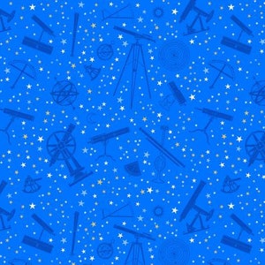 Signs from Above Medium Blue Tossed Astronomy Devices w/Metallic Fabric Yardage, Salt Meadow Studios, Henry Glass, Cotton Quilting Fabric
