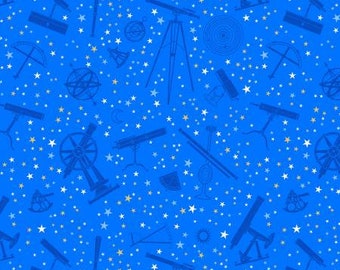Signs from Above Medium Blue Tossed Astronomy Devices w/Metallic Fabric Yardage, Salt Meadow Studios, Henry Glass, Cotton Quilting Fabric