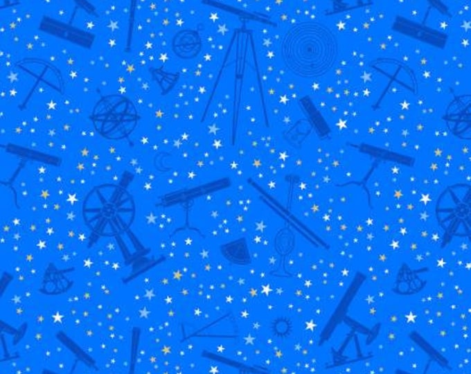 Signs from Above Medium Blue Tossed Astronomy Devices w/Metallic Fabric Yardage, Salt Meadow Studios, Henry Glass, Cotton Quilting Fabric
