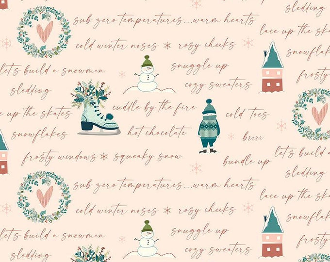 Arrival of Winter Text Blush Fabric Yardage, Sandy Gervais, Riley Blake Designs, Cotton Quilt Fabric, Winter Fabric