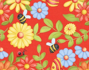 Remnant 1/2-Yards Gnome is Where Your Garden Grows Red Butterflies & Flowers Fabric, Shelly Comiskey, Henry Glass, Cotton Quilt Fabric
