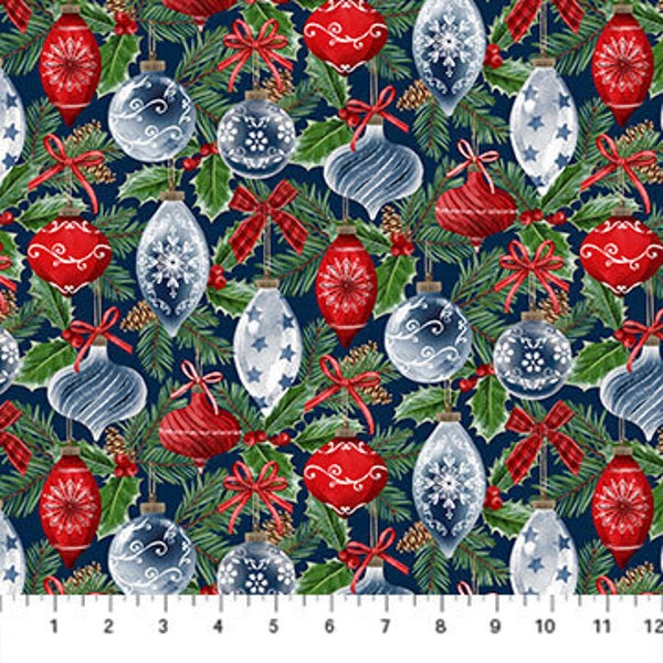 Christmas Traditions Navy Multi Baubles Fabric Yardage, Deborah Edwards, Northcott Fabrics, Cotton Quilt Fabric, Christmas Fabric