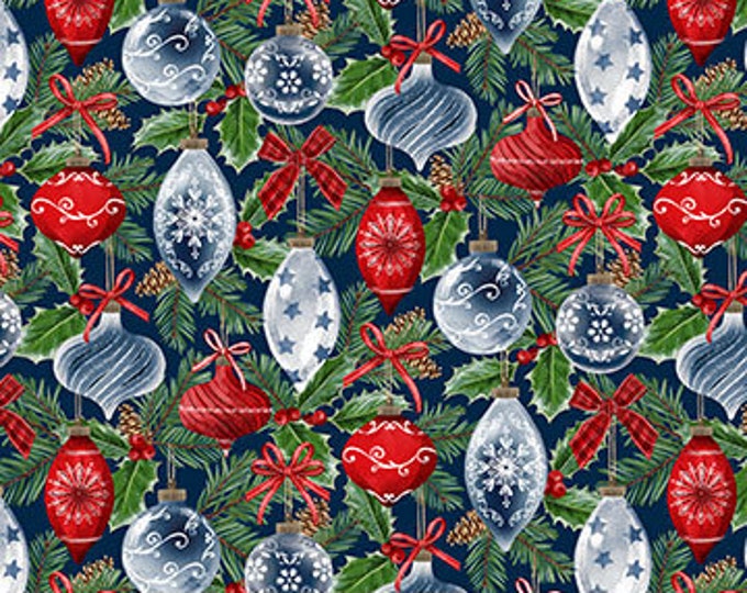 Christmas Traditions Navy Multi Baubles Fabric Yardage, Deborah Edwards, Northcott Fabrics, Cotton Quilt Fabric, Christmas Fabric