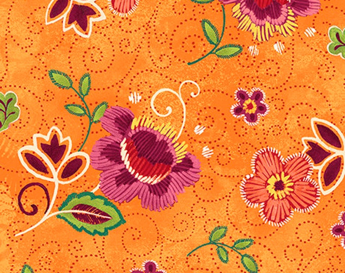 Olivia Tossed Flower Orange Fabric Yardage, Cotton Quilting Fabric, Floral Fabric, Quilting Treasures
