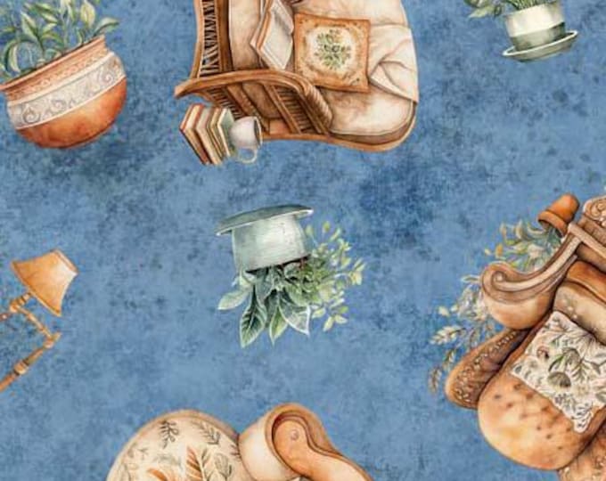 Home Sweet Home Comfy Chairs Blue Fabric Yardage, QT Fabrics, Cotton Quilt Fabric