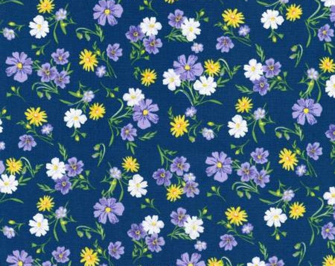 FLH-20289-9 Wildflowers Flowers Navy Fabric Yardage, Debbie Beaves, Robert Kaufman, Cotton Quilt Fabric, Floral Fabric
