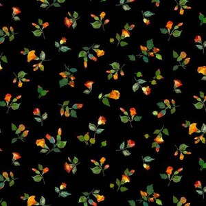 May include: A seamless pattern featuring small orange flowers with green leaves on a black background.
