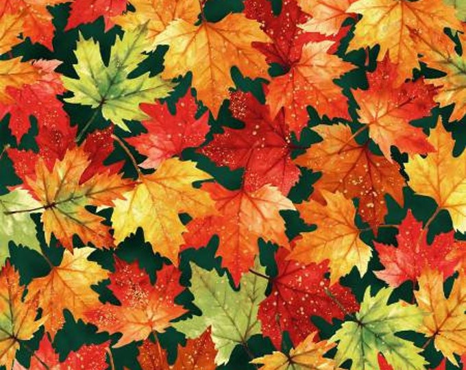 Autumn is In the Air Emerald Leaves with Gold Metallic Fabric Yardage, Hoffman Fabrics, Cotton Quilt Fabric