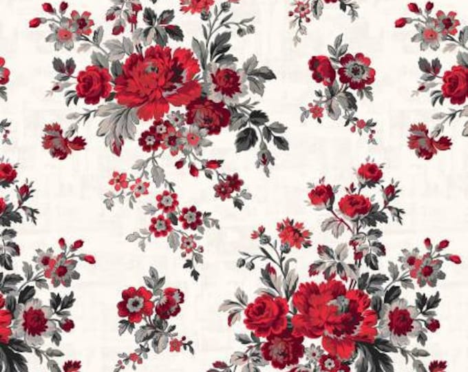 Remnant 1-Yard Ruby White Splendor Floral Fabric Yardage, Whistler Studio, Windham, Cotton Quilt Fabric, Floral Fabric