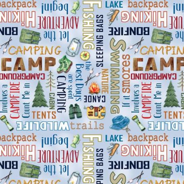 Live Love Camp Blue Camping Words Fabric Yardage, Nicole DeCamp, KANVAS by Benartex, Cotton Quilt Fabric, Camp Fabric