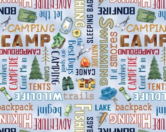 Live Love Camp Blue Camping Words Fabric Yardage, Nicole DeCamp, KANVAS by Benartex, Cotton Quilt Fabric, Camp Fabric