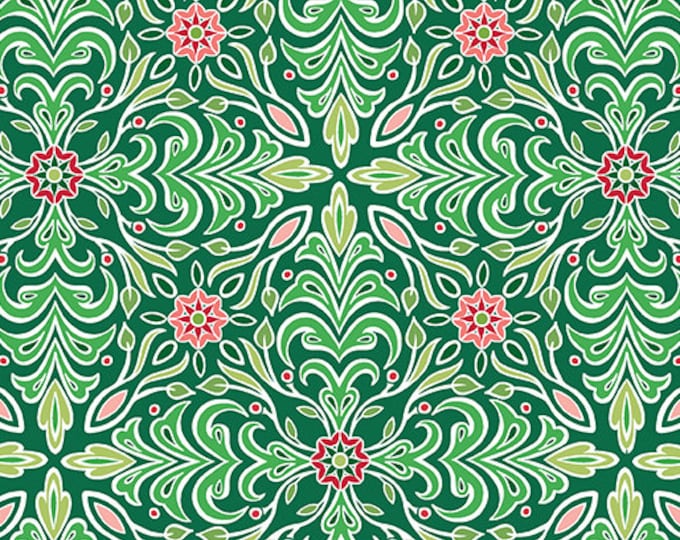 Holiday Jewels Medallion Green Fabric Yardage, Benartex, Amanda Murphy, Cotton Quilting Fabric, Christmas Fabric