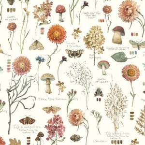 May include: Off-white botanical pattern featuring watercolor illustrations of flowers, mushrooms, and moths. The design includes text elements such as "Earth at Heart" and "Escape & Breathe". The color palette includes shades of orange, pink, and brown.