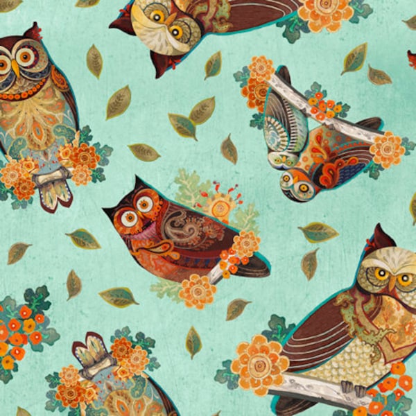 Owl Arabesque Tossed Owls Aqua Fabric Yardage, David Galchutt, Quilting Treasures, Cotton Quilt Fabric, Owl Fabric