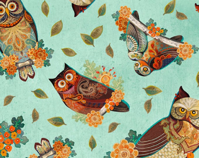 Owl Arabesque Tossed Owls Aqua Fabric Yardage, David Galchutt, Quilting Treasures, Cotton Quilt Fabric, Owl Fabric