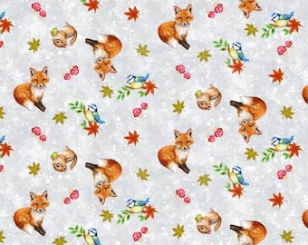 Auburn Fox White Small Critter Toss Fabric Yardage, Kayomi Harai , Studio E, Cotton Quilt Fabric, Fox Fabric