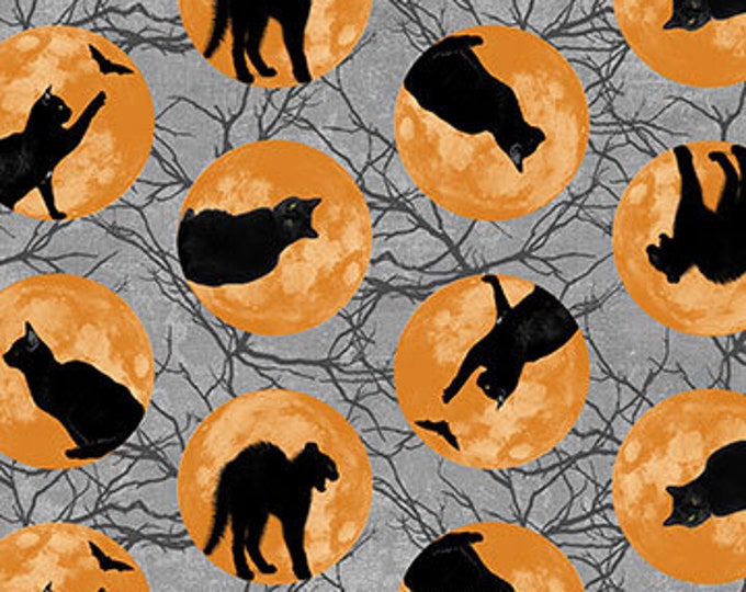 Black Cat Capers Cats in Moon Fabric Yardage, Andrea Tacheria, Northcott Fabrics, Cotton Quilt Fabric, Halloween Fabric