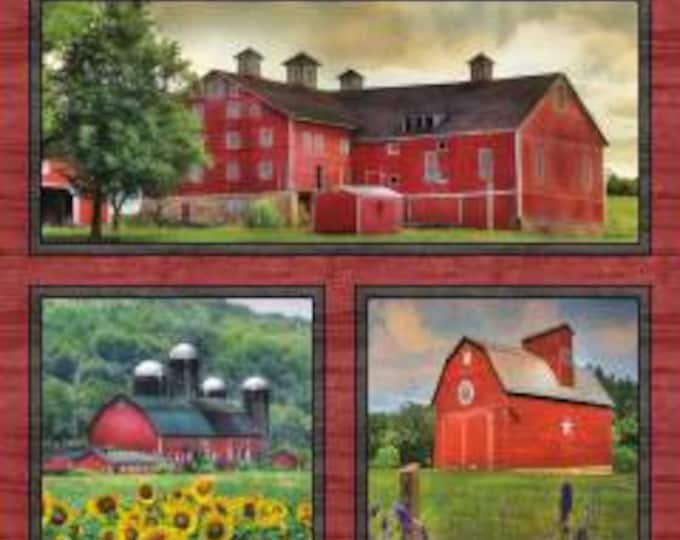 Land I Love Multi Country Barns Panel Fabric Yardage, Lori Dieter, Benartex, Cotton Quilt Fabric, Farm Fabric, Barn Fabric