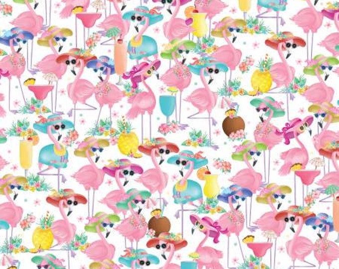 Flamingal Pals Fun White Fabric Yardage, Andi Metz, KANVAS by Benartex, Cotton Quilt Fabric, Flamingo Fabric