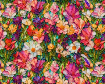 Gigi in the Garden Multi Stained Glass Flower Garden Fabric Yardage, Peggy Collins, Camelot Fabrics, Cotton Quilt Fabric, Floral Fabric