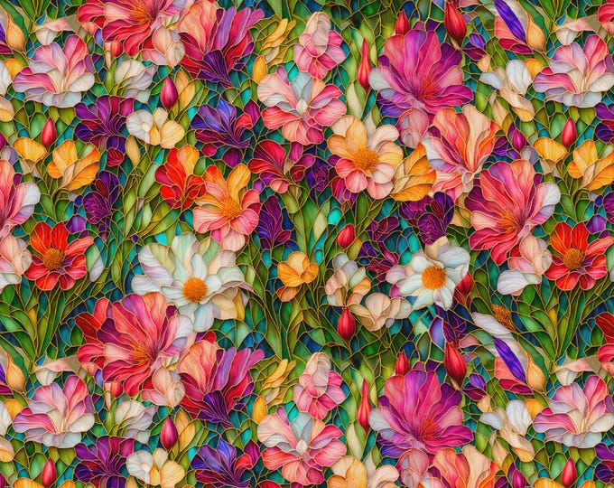 Gigi in the Garden Multi Stained Glass Flower Garden Fabric Yardage, Peggy Collins, Camelot Fabrics, Cotton Quilt Fabric, Floral Fabric
