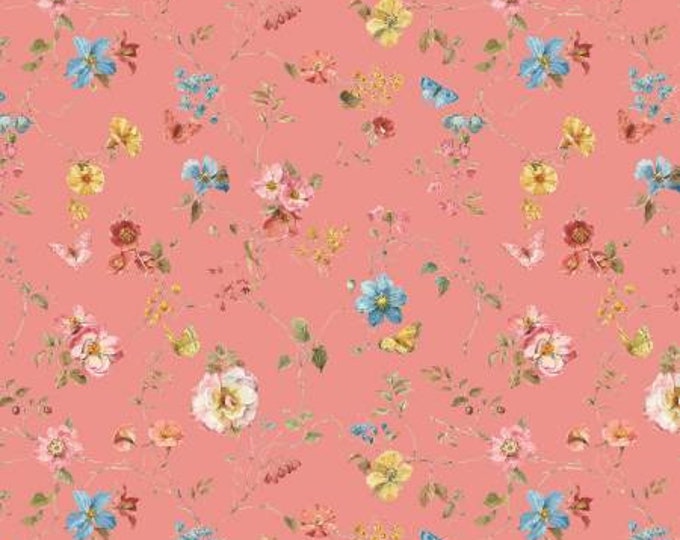 Countryside Floral Coral Fabric Yardage, Lisa Audit, Riley Blake Designs, Cotton Quilt Fabric, Floral Fabric
