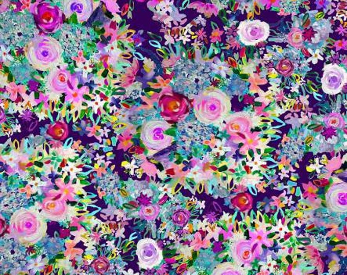 Garden Gems Dark Purple Blooms Digitally Printed Fabric Yardage, Melissa Polomsky, Clothworks, Cotton Quilt Fabric, Floral Fabric