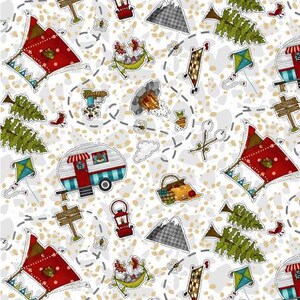 S'more Fun Outdoors Gray Camping Site Fabric Yardage, Leeanne Anderson & Kaytlyn Kuebler, Henry Glass, Cotton Quilt Fabric