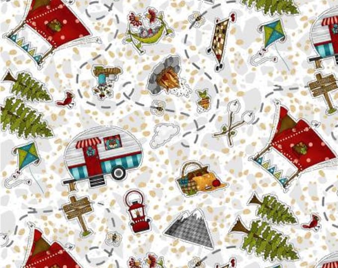 S'more Fun Outdoors Gray Camping Site Fabric Yardage, Leeanne Anderson & Kaytlyn Kuebler, Henry Glass, Cotton Quilt Fabric
