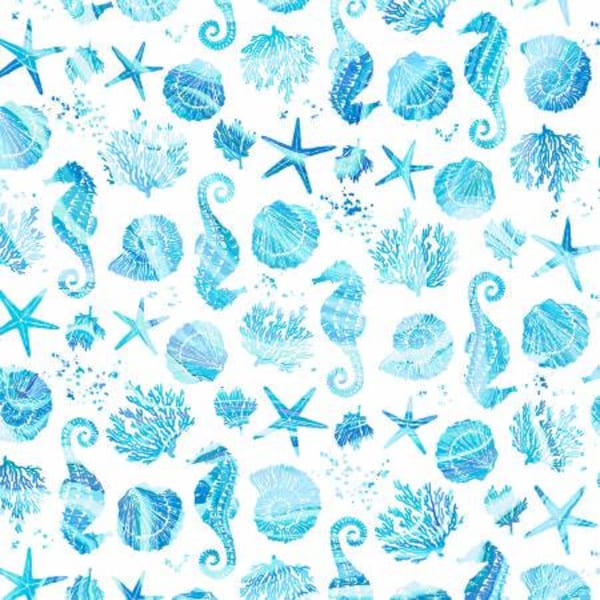 Coastal Living Light Blue Seahorses and Shells  Fabric Yardage, PDR Collection, P & B Textiles , Cotton Quilt Fabric, Ocean Fabric