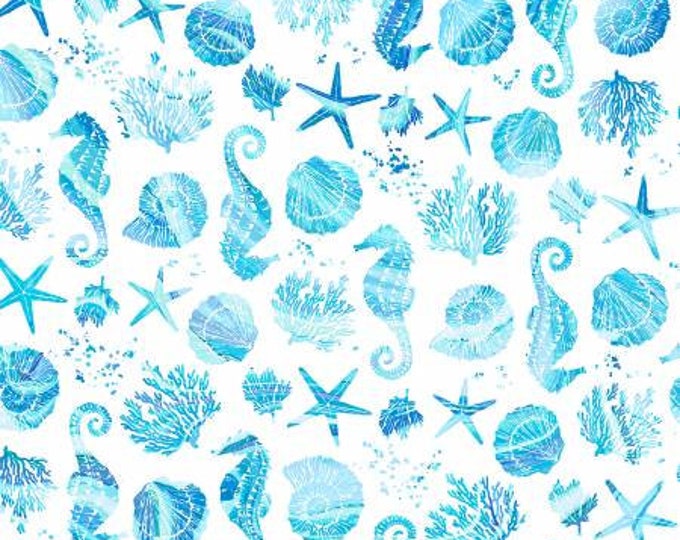 Coastal Living Light Blue Seahorses and Shells  Fabric Yardage, PDR Collection, P & B Textiles , Cotton Quilt Fabric, Ocean Fabric