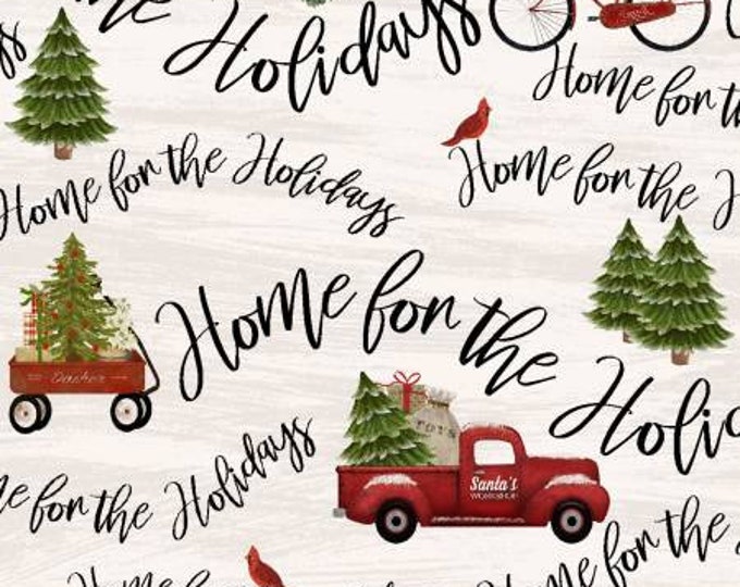 Remnant 3/4-Yards Home for the Holidays Beige Words Fabric Yardage, Beth Albert, 3 Wishes Fabric, Cotton Quilting Fabric, Christmas Fabric