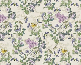 Secret Garden Ivory Birdsong Fabric Yardage, Hockney & Co, Windham Fabrics, Cotton Quilt Fabric, Floral Fabric