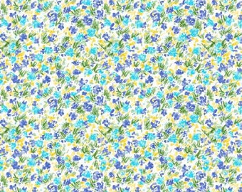 Blue Muse White Morning Meadow Fabric Yardage, MMF Collection, Michael Miller Fabrics, Cotton Quilt Fabric Yardage, Floral Fabric