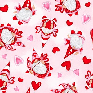 Gnomie Love Pink Tossed Cupid Gnomies Fabric Yardage, Shelly Comisky, Henry Glass, Cotton Quilt Fabric, Gnome Fabric