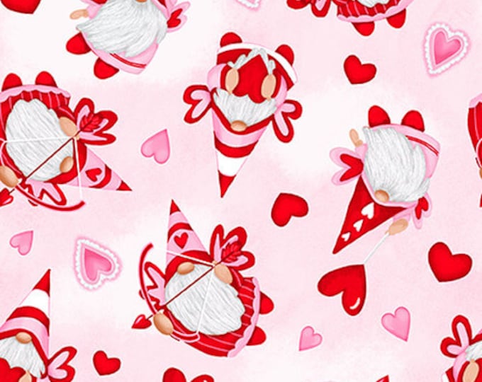 Gnomie Love Pink Tossed Cupid Gnomies Fabric Yardage, Shelly Comisky, Henry Glass, Cotton Quilt Fabric, Gnome Fabric