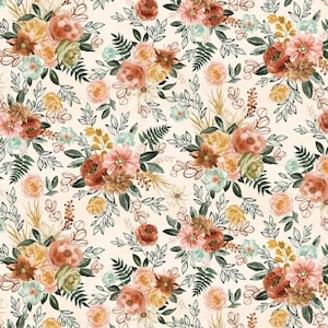 Floral Chic Floral with Linear Leaves Fabric Yardage, Dina June, P & B Textiles, Cotton Quilt Fabric, Floral Fabric