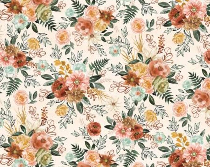 Floral Chic Floral with Linear Leaves Fabric Yardage, Dina June, P & B Textiles, Cotton Quilt Fabric, Floral Fabric
