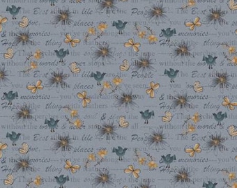 Bluebird of Happiness Blue Mixed Media Fabric Yardage, Janet Nesbitt, Henry Glass, Cotton Quilt Fabric, Bird Fabric