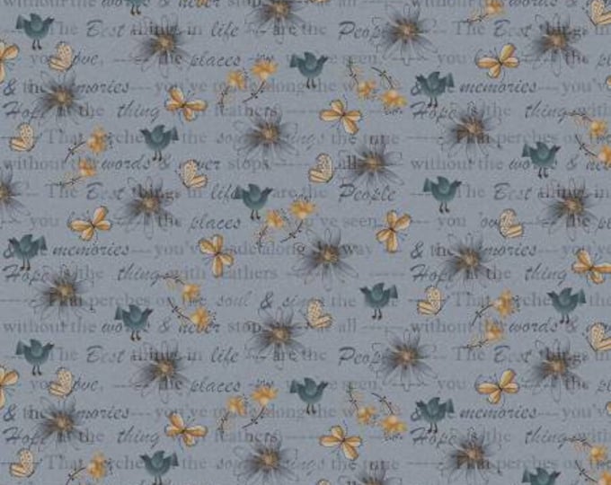 Bluebird of Happiness Blue Mixed Media Fabric Yardage, Janet Nesbitt, Henry Glass, Cotton Quilt Fabric, Bird Fabric