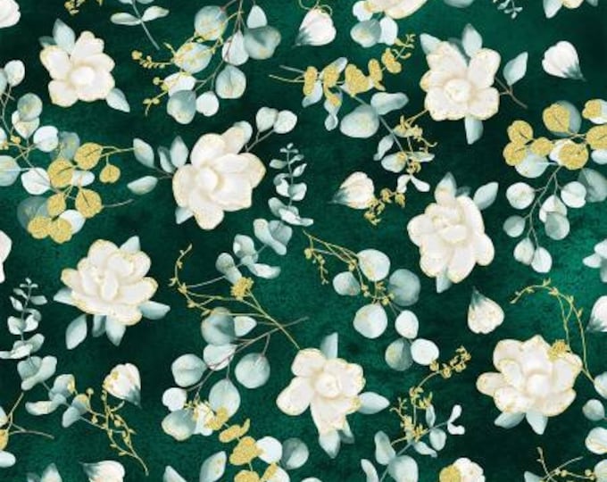 Home Sweet Home Juniper Flowers w Gold Metallic Fabric Yardage, Hoffman Fabrics, Cotton Quilt Fabric, Floral Fabric