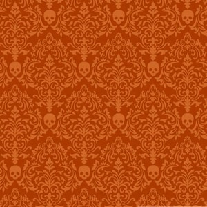 May include: A repeating pattern featuring skulls and ornate floral damask designs in shades of orange and rust. The skulls are evenly spaced throughout the pattern, creating a gothic and Halloween theme.