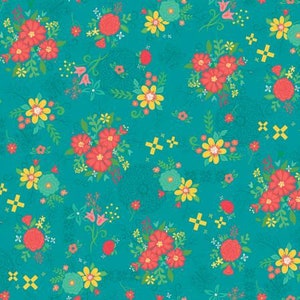 May include: Teal background with a repeating pattern of colorful flowers, leaves, and cross shapes. The flowers are red, yellow, and orange. The leaves are green. The crosses are yellow.