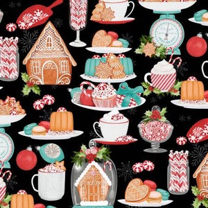 May include: A black background with a repeating pattern of Christmas-themed illustrations. The illustrations include gingerbread houses, candy canes, peppermint sweets, hot chocolate, and other festive treats.