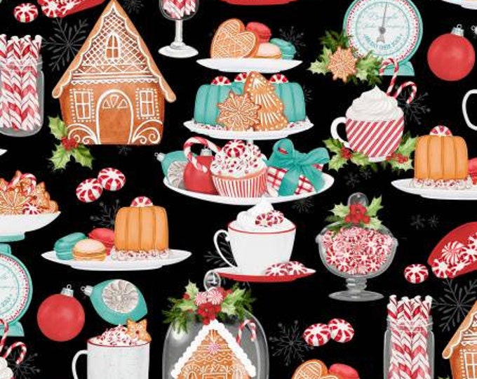 Peppermint Parlor Black Large Allover Fabric Yardage, Danielle Leone, Wilmington Prints, Cotton Quilt Fabric, Christmas Fabric
