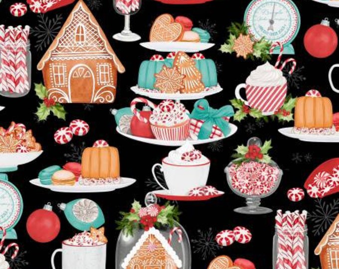 Peppermint Parlor Black Large Allover Fabric Yardage, Danielle Leone, Wilmington Prints, Cotton Quilt Fabric, Christmas Fabric