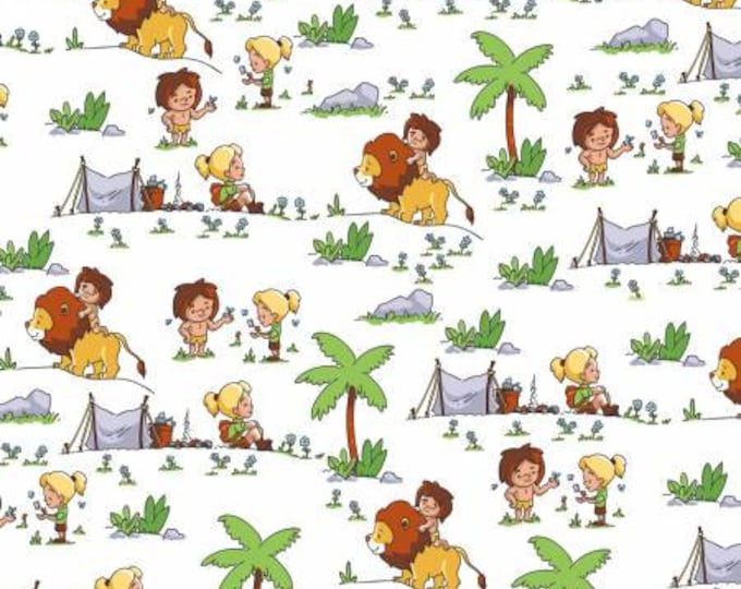Tarzanimals All Over White Quilt Fabric, Tarzan Fabric, RBD Collection, Riley Blake Designs.