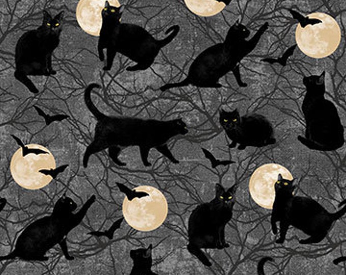 Remnant 1-1/2 Yards Black Cat Capers Cats Chasing Moon Fabric Yardage, Andrea Tacheria, Northcott Fabrics, Cotton Quilt Fabric, Halloween