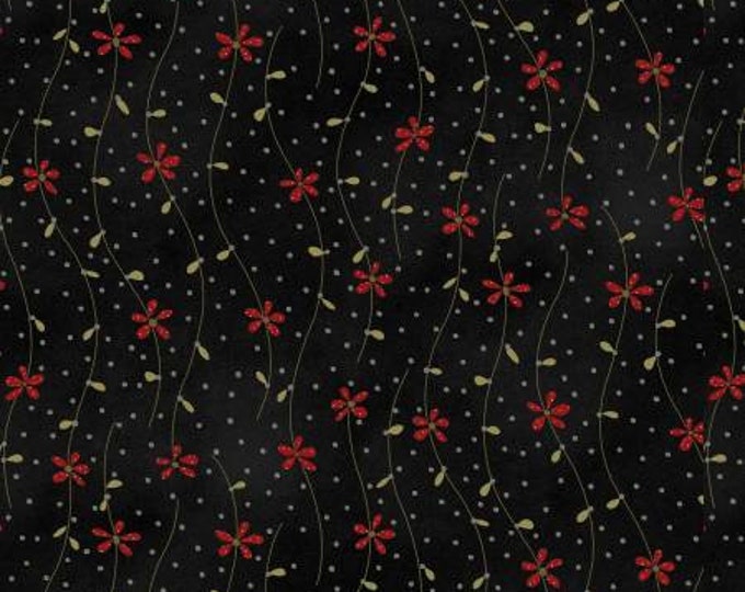 S is for Sew Black Wavy Floral Fabric Yardage, Debbie Busby, Henry Glass, Cotton Quilt Fabric, Floral Fabric